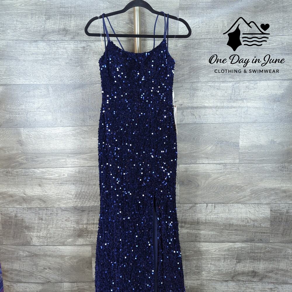 Stacees Sequin Prom Maxi Dress Dark Navy Strappy Back NWT Size 2